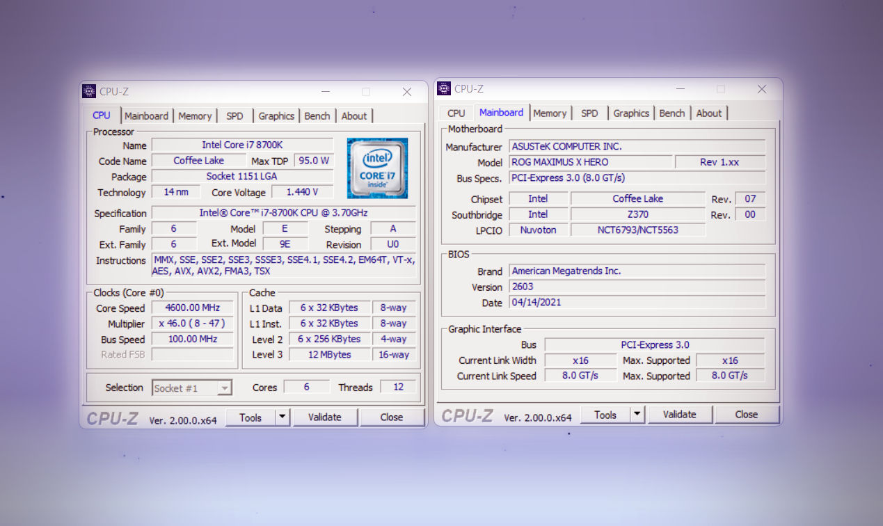 Fenetres CPU-Z montrant les onglets CPU et Carte mere
