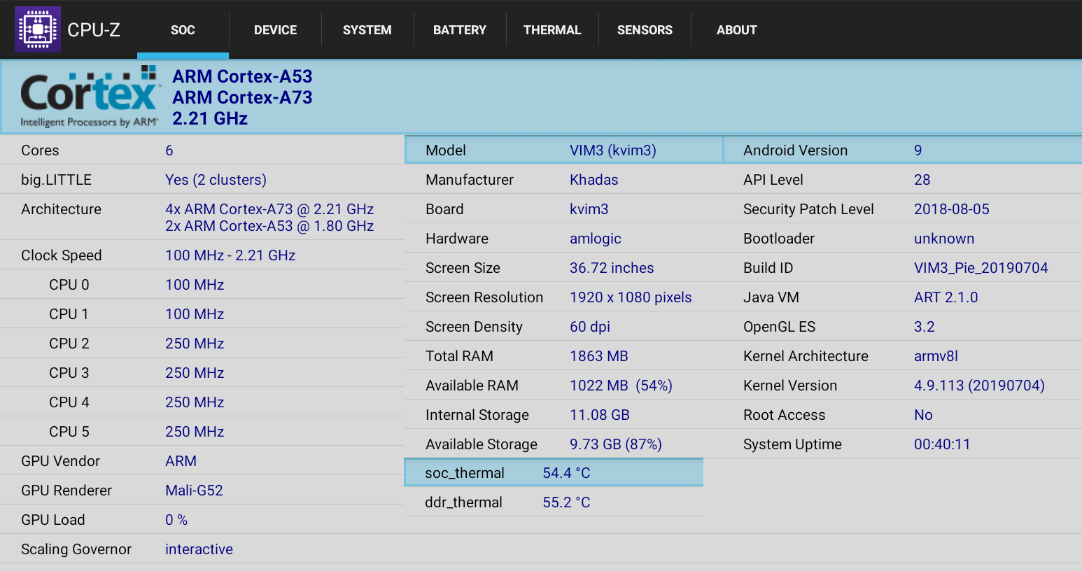 CPU-Z running on Android showing Amlogic A311D SoC details