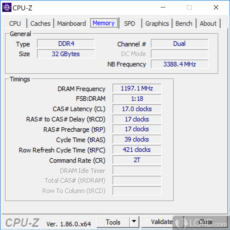 DRAM 周波数を示す CPU-Z Memory タブ