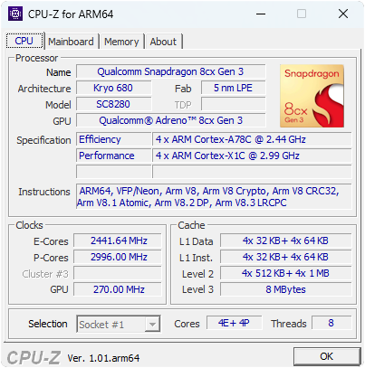 CPU-Z ARM64 build for Snapdragon Windows